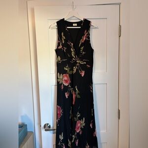 Artizia Wilfred Black Floral Pleated Maxi Dress with Pink Roses Sz. 8
